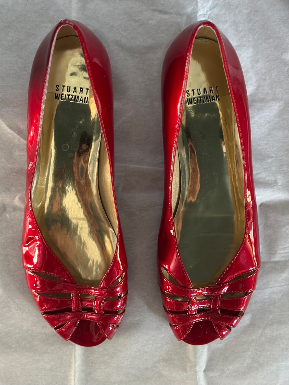 Vintage Stuart Weitzman Cherry Red Patent Peep-Toe Flats with Strappy Detail